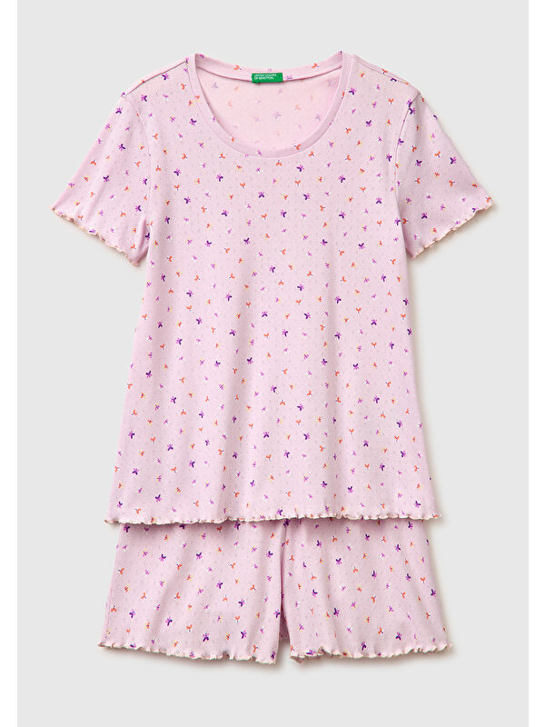 United Colors Of Benetton Kadın Pembe %100 Pamuk Fırfır Detaylı Desenli Pijama Takımı