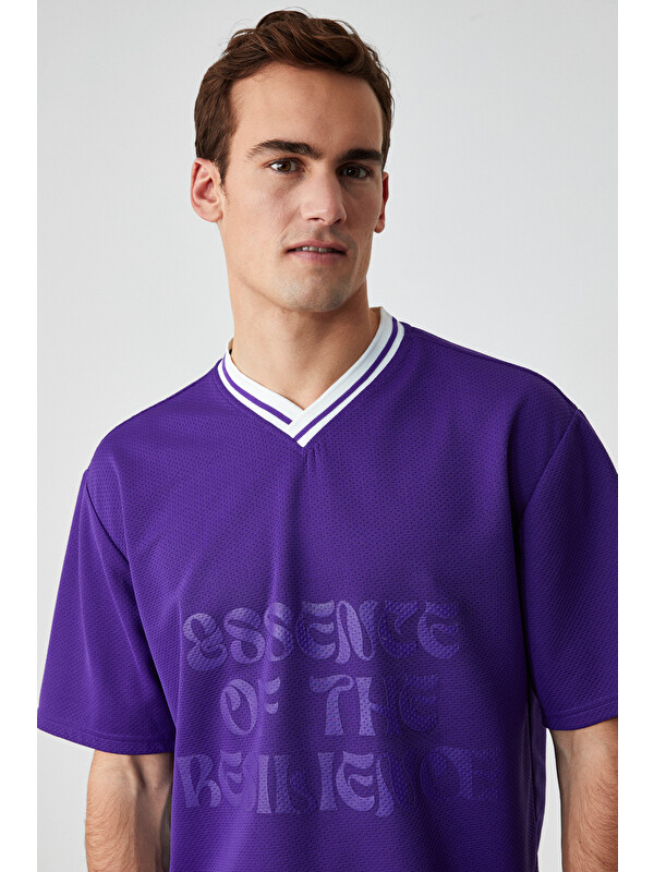 GRIMELANGE PAMPA Erkek Baskı Detaylı Relaxed V Yaka Kısa Kol MOR T-Shirt