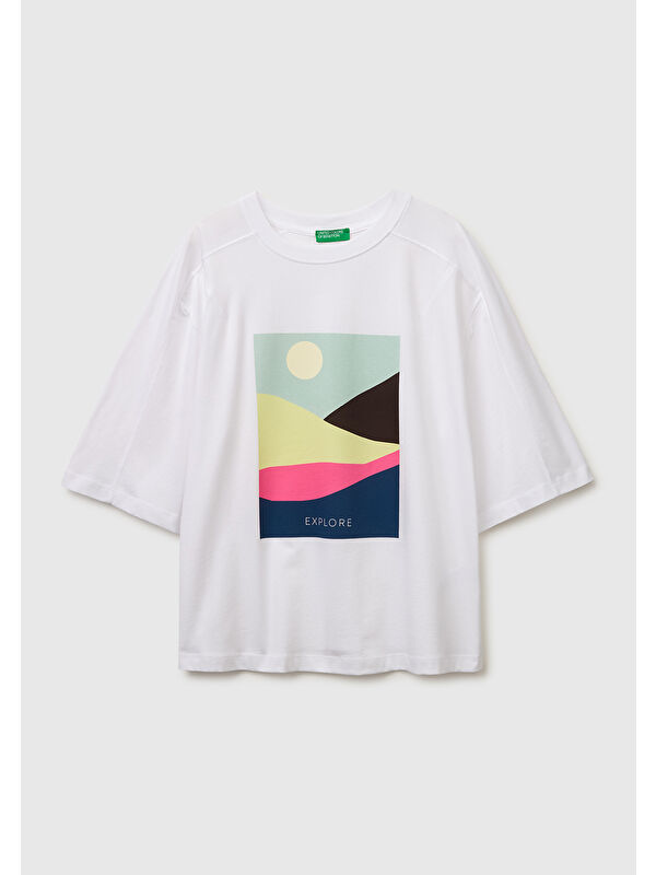 United Colors Of Benetton Kadın Beyaz Mix %100 Pamuk Su Bazlı Baskılı Oversize Bisiklet Yaka T-Shirt