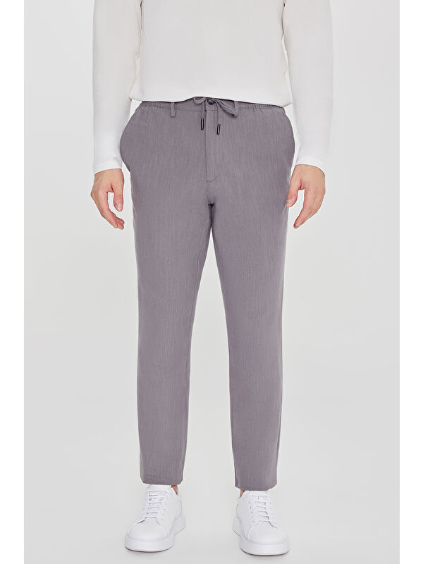 Altınyıldız Classics Erkek Füme Keten Slim Fit Beli Bağlamalı Yan Cepli Casual Pantolon