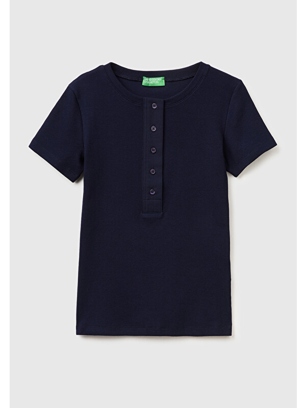 United Colors Of Benetton Kadın Lacivert Pamuk Karışımlı Önü Düğme Detaylı Yuvarlak Yaka T-Shirt