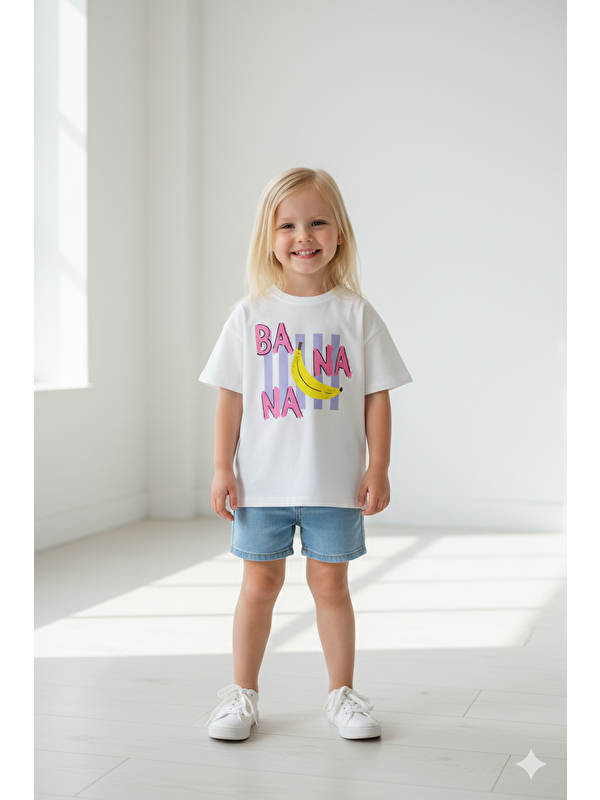 Monila Kız Çocuk Bisiklet Yaka Baskılı Tshirt