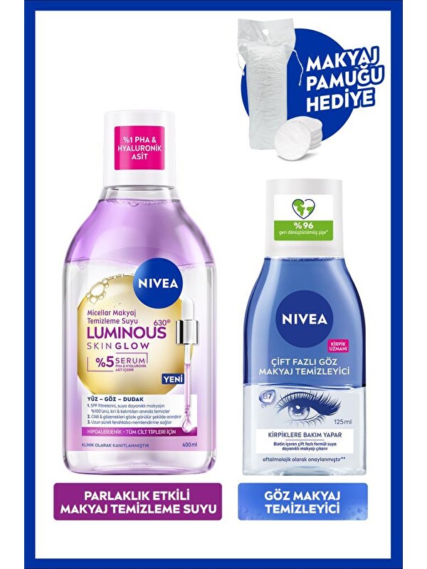 NIVEA Skin Glow Parlaklık Etkili Micellar Makyaj Temizleme Suyu ve Göz Makyaj Temizleyici 125ml, Pamuk