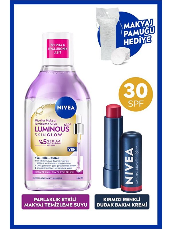 NIVEA Skin Glow Parlaklık Etki Micellar Makyaj Temizleme Suyu ve Kırmızı Renkli Dudak Bakım Kremi, Pamuk