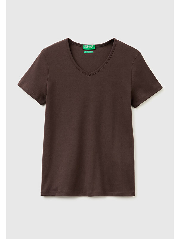United Colors Of Benetton Kadın Kahverengi %100 Pamuk Geniş V Yaka T-Shirt