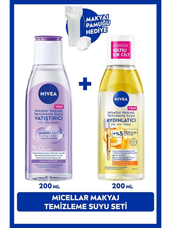NIVEA Aydınlatıcı ve Yatıştırıcı Micellar Makyaj Temizleme Suyu Seti 200ml+200ml Pamuk Hediye, Hassas Cilt
