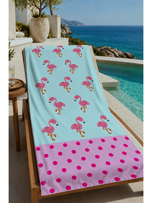 Milbay Grup Açık Mavi Pembe Flamingo ve Puantiye Desenli 70x150 cm Dijital Baskılı Plaj ve Banyo Havlusu