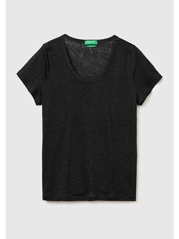 United Colors Of Benetton Kadın Siyah %100 Keten Geniş Yaka Kısa Kollu T-Shirt