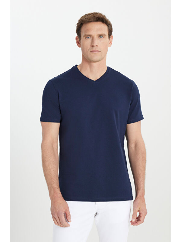 AC&Co / Altınyıldız Classics Erkek Lacivert Slim Fit Dar Kesim V Yaka Pamuklu V Yaka Kısa Kollu %100 Pamuk Tişört