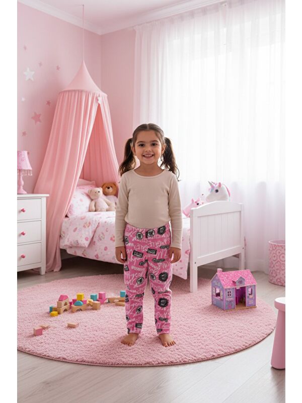 Fullamoda Yazı Desenli Beli Lastikli Kız Çocuk Polar Pijama Altı