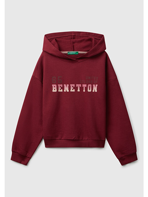 United Colors Of Benetton Kız Çocuk Bordo Önü Logo Baskılı Ribanalı Kapüşonlu Sweatshirt