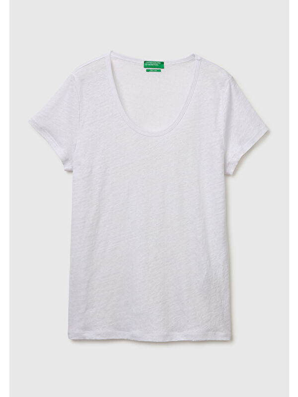 United Colors Of Benetton Kadın Beyaz %100 Keten Geniş Yaka Kısa Kollu T-Shirt