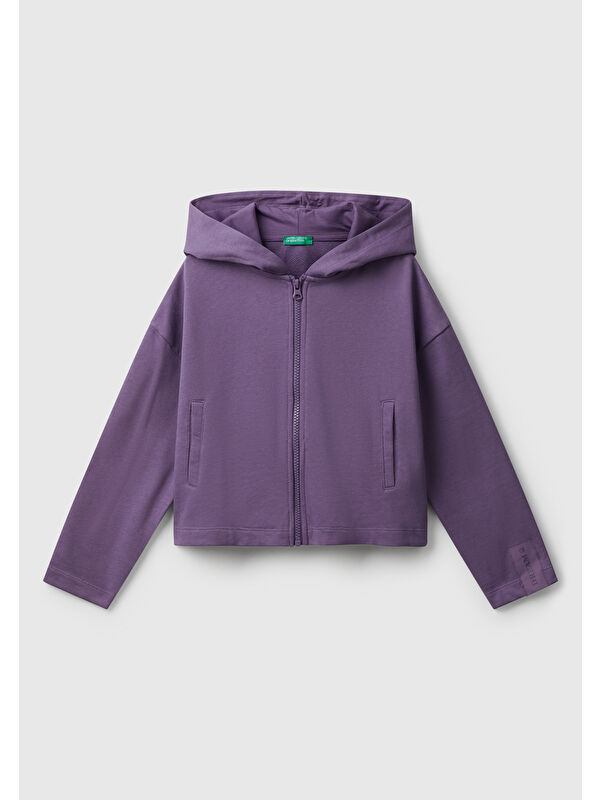 United Colors Of Benetton Kız Çocuk Mor Kolu Etiket Detaylı Cepli Fermuarlı Kapüşonlu Sweatshirt