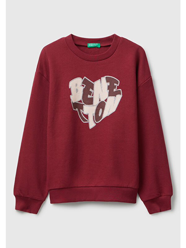 United Colors Of Benetton Kız Çocuk Bordo Parıltılı Logo Baskılı Ribanalı Bisiklet Yaka Sweatshirt