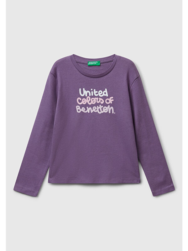 United Colors Of Benetton Kız Çocuk Mor Önü Parıltılı Logo Baskılı Slim Fit Uzun Kollu T-shirt