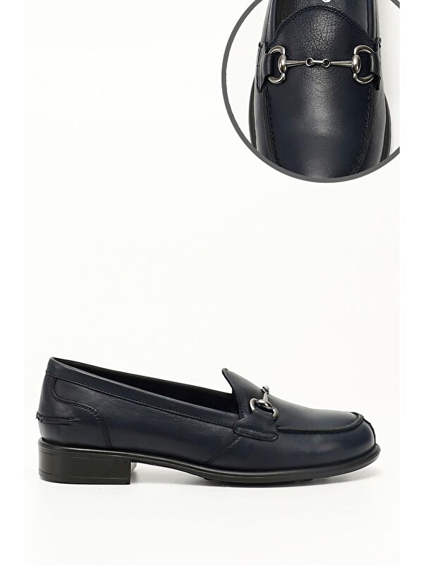 LACİVERT Hakiki Deri Yuvarlak Burun Loafer Tokalı Kadın Günlük Ayakkabı 24210 - Görsel 5