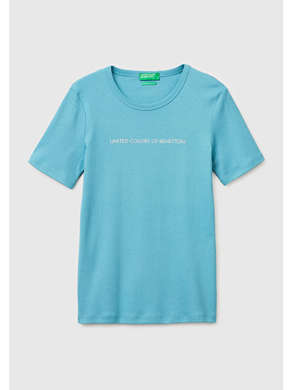 United Colors Of Benetton Kadın Mavi %100 Pamuk Logo Baskılı Bisiklet Yaka T-Shirt