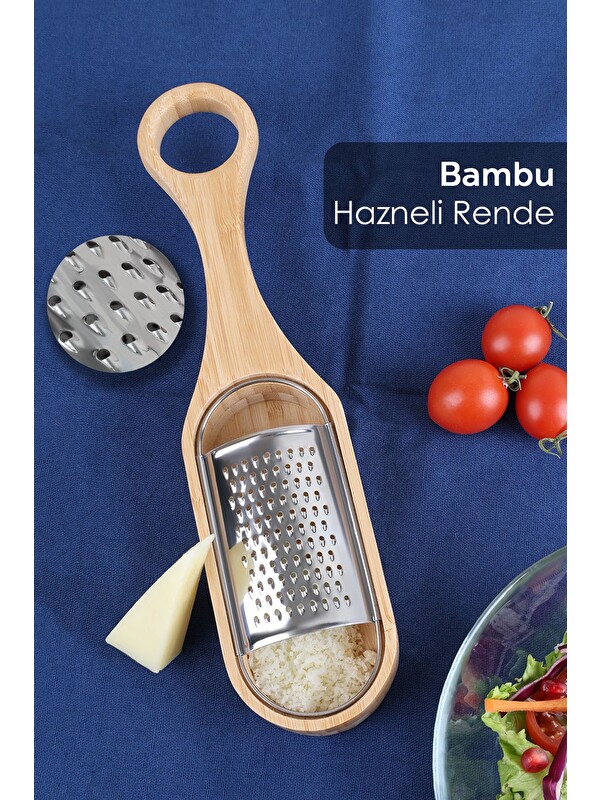 Meleni Home Bambu Saplı Hazneli Rende Peynir Limon Zencefil Sarımsak Rendesi El Rendesi