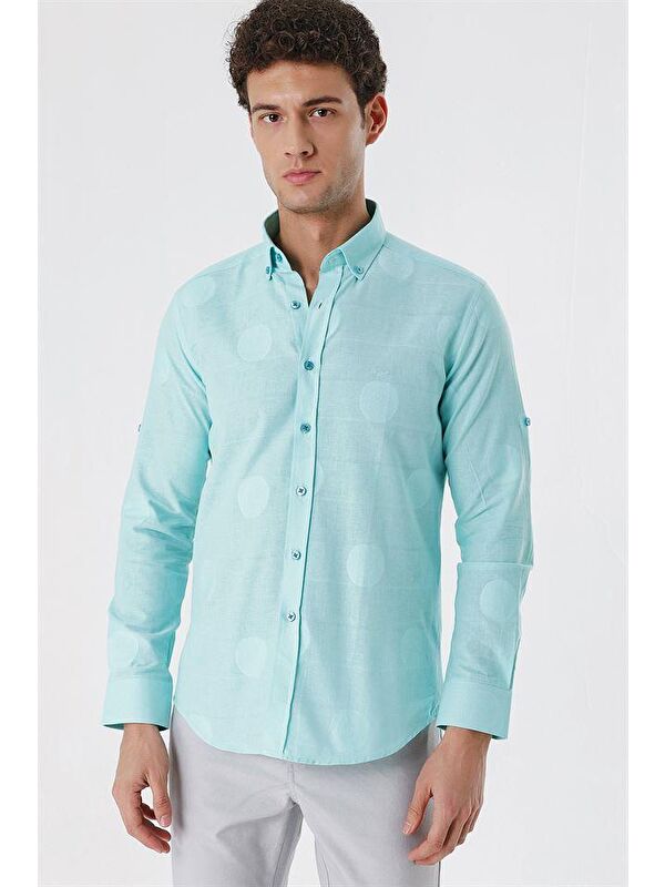 İMZA Açık Yeşil Kısalabilir Kollu Desenli Jakarlı Cepsiz %100 Pamuk Casual Slim Fit Gömlek 1004230183
