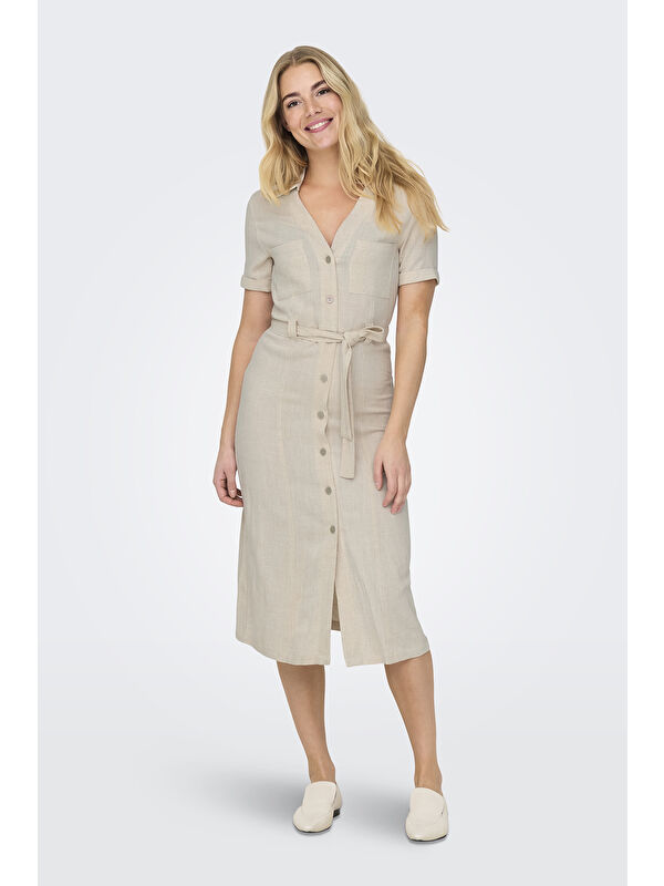 Only Onlsiesta Keten Karışımlı Regular Fit V Yaka Midi Boy Cepli Elbise 15347210