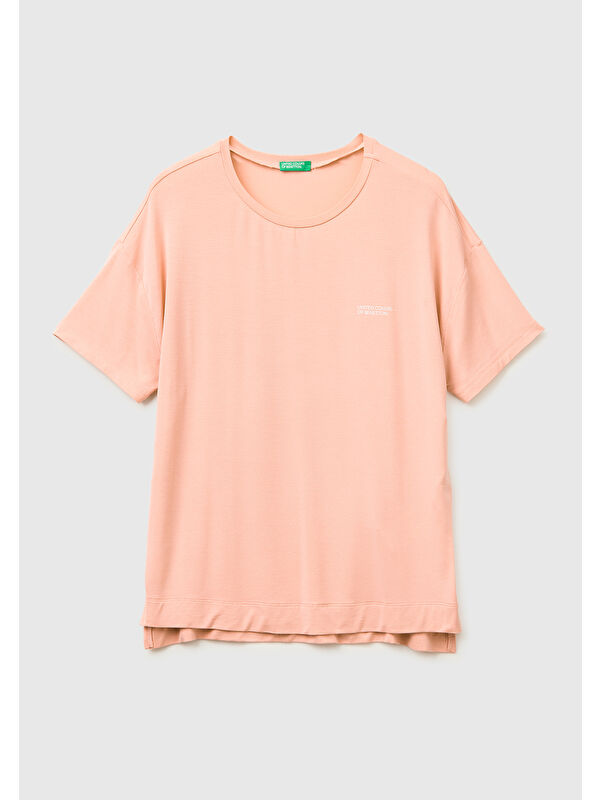 United Colors Of Benetton Kadın Somon Modal Karışımlı Logolu Kısa Kollu Yuvarlak Yaka T-Shirt