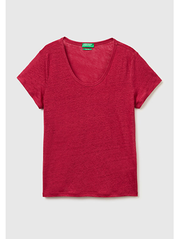 United Colors Of Benetton Kadın Fuşya %100 Keten Geniş Yaka Kısa Kollu T-Shirt