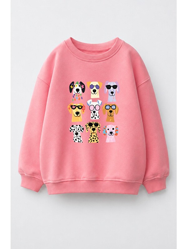 Monila Kız Çocuk 3 İplik Kumaş Pamuklu Köpek Baskılı Sweatshirt
