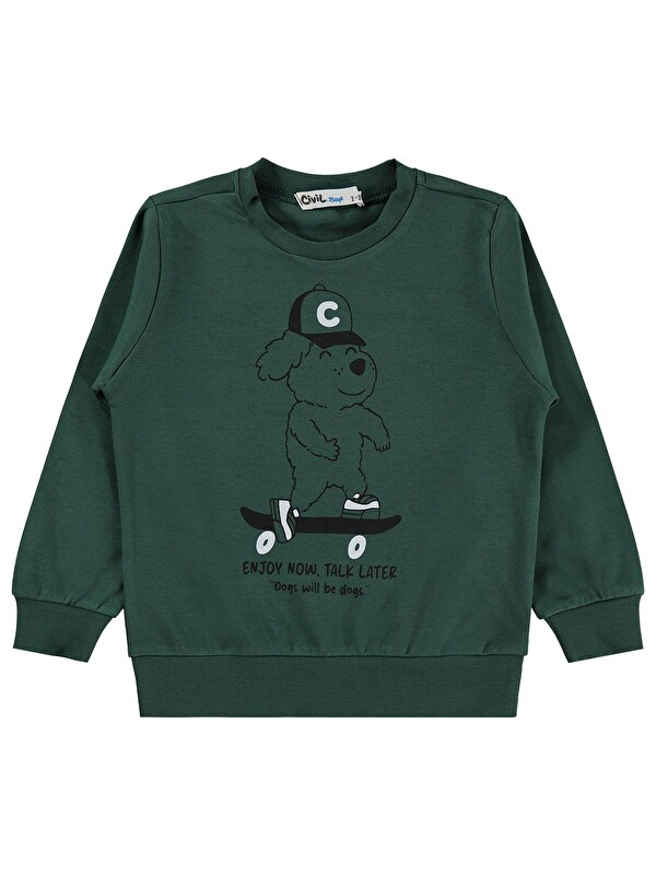 Civil Boys Kaykay Köpek Baskılı 2-5 Yaş Sweatshirt - Yeşil 2-3 Yaş
