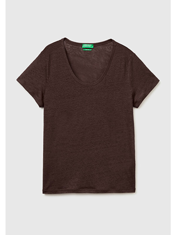 United Colors Of Benetton Kadın Kahverengi %100 Keten Geniş Yaka Kısa Kollu T-Shirt