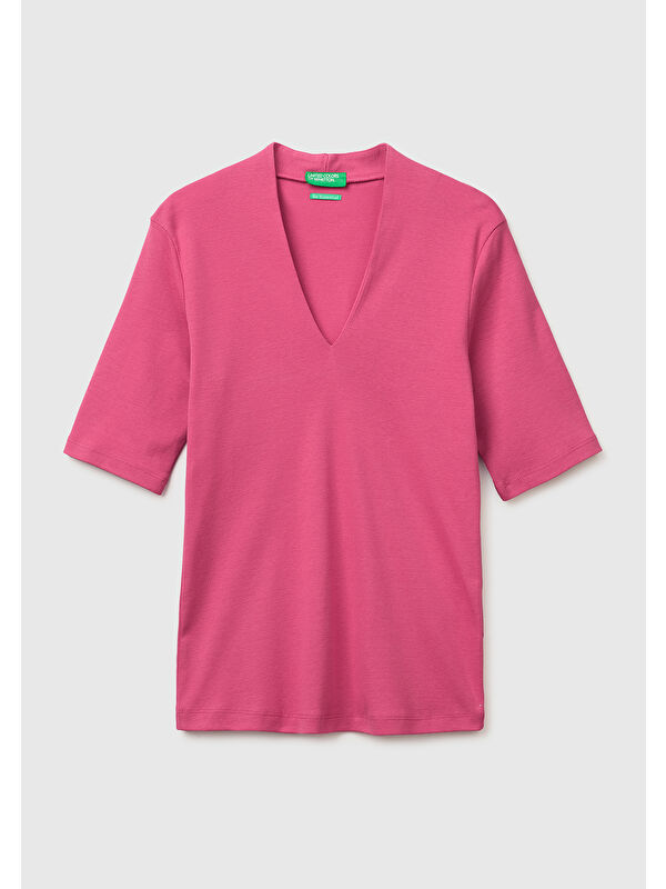 United Colors Of Benetton Kadın Fuşya %100 Pamuk Yarım Kollu Derin V Yaka T-Shirt