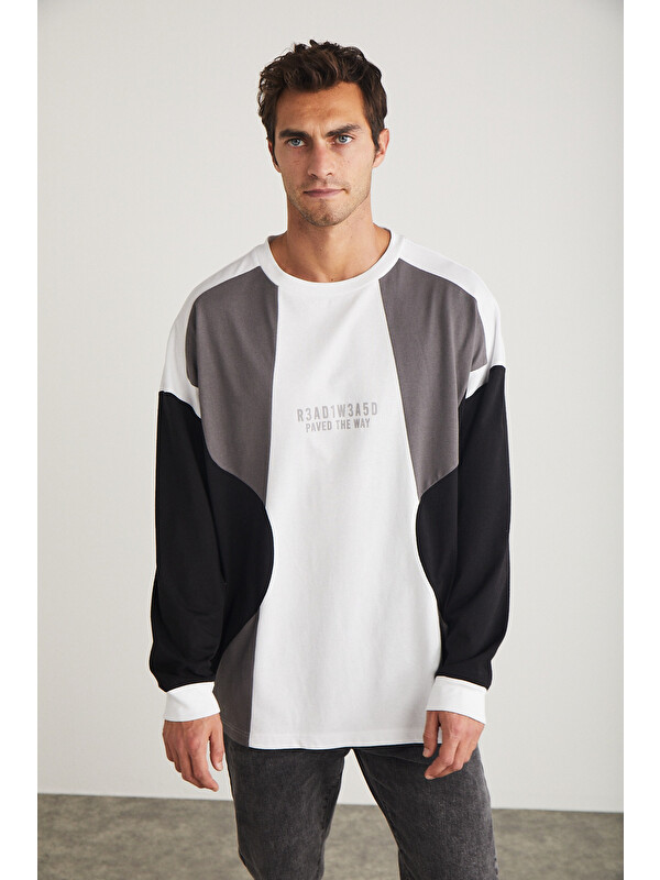GRIMELANGE MELVIN Erkek %100 Pamuk Renk Bloklu Bisiklet Yaka Baskı Detaylı Oversize BEYAZ Sweatshirt
