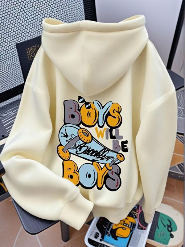 Trendseninle Bej Boys Baskılı Oversize Kapüşonlu Sweatshirt