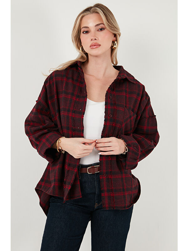 Lela Ekoseli Pamuklu Oversize Fit Klasik Yaka Gömlek 6835002
