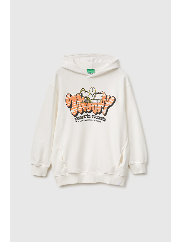 United Colors Of Benetton Erkek Çocuk Beyaz Önü Snoopy Baskılı Oversize Uzun Kollu Kapüşonlu Sweatshirt