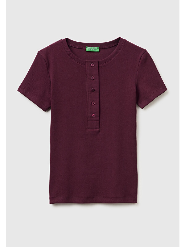 United Colors Of Benetton Kadın Bordo Pamuk Karışımlı Önü Düğme Detaylı Yuvarlak Yaka T-Shirt