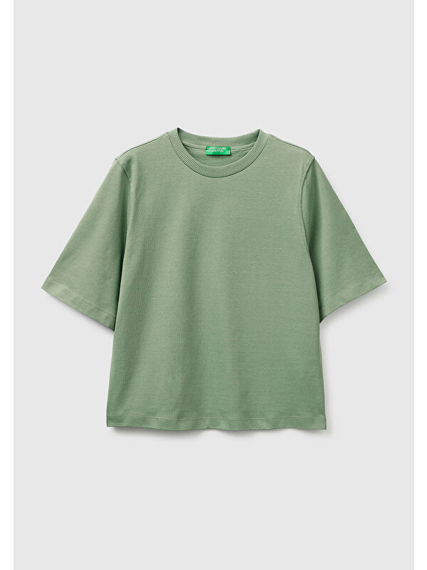 United Colors Of Benetton Kadın Haki %100 Pamuk Boxy Fit T-Shirt