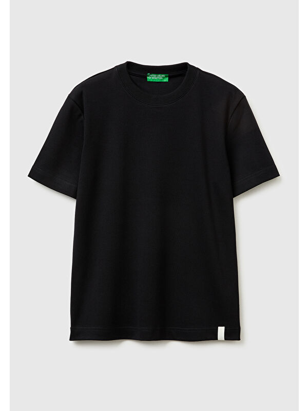 United Colors Of Benetton Kadın Siyah %100 Pamuk Etek Ucu Logo Detaylı Bisiklet Yaka T-Shirt