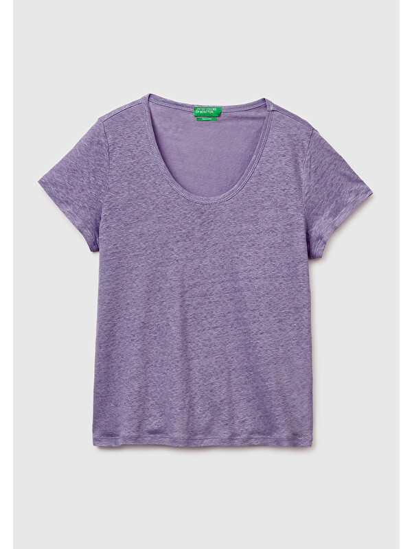 United Colors Of Benetton Kadın Koyu Gri %100 Keten Geniş Yaka Kısa Kollu T-Shirt