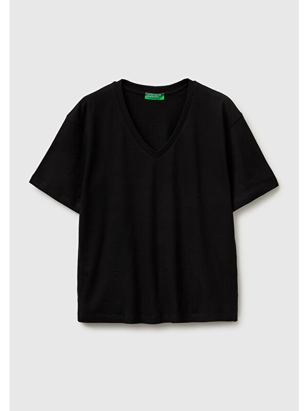 United Colors Of Benetton Kadın Siyah %100 Pamuk Klasik V Yaka T-Shirt