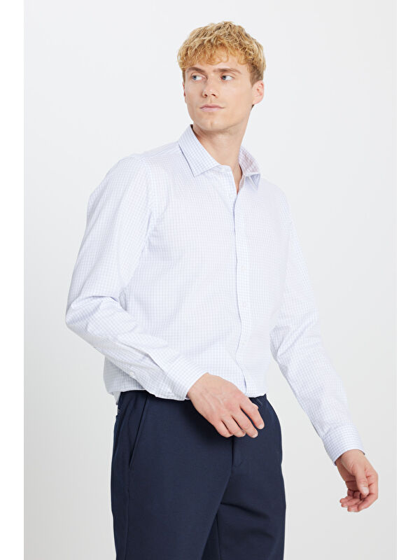 AC&Co / Altınyıldız Classics Erkek Gri-Beyaz Ütü Gerektirmeyen %100 Pamuk Slim Fit Klasik Yaka Gömlek