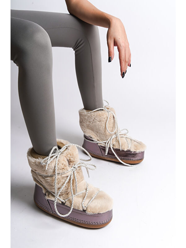 Yuvarlak Burunlu Kalın Tabanlı Kürklü Kadın Kar Botu - Görsel 10