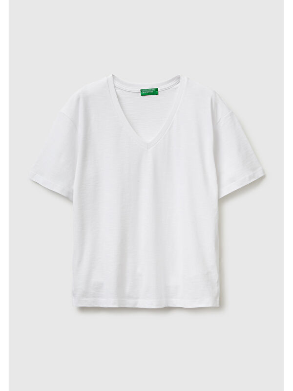 United Colors Of Benetton Kadın Beyaz %100 Pamuk Klasik V Yaka T-Shirt