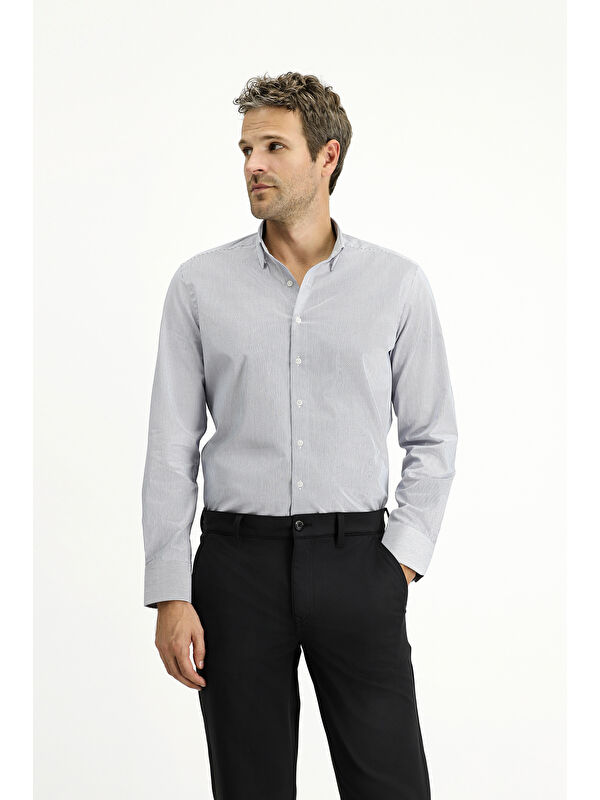 Kiğılı Uzun Kol Slim Fit Dar Kesim Klasik Çizgili Pamuk Gömlek