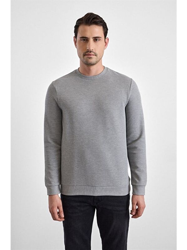 Süvari Gri Regular Düz Bisiklet Yaka Sweatshirt