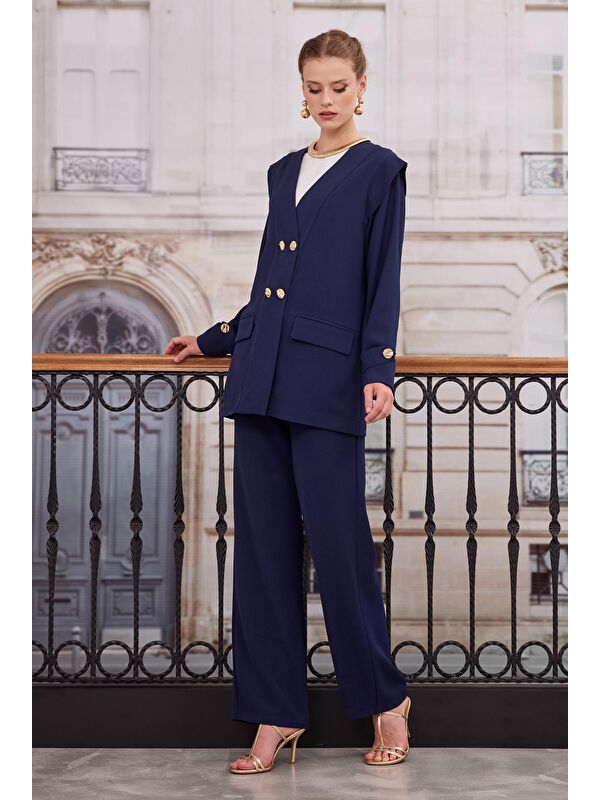 HE-QA Kruvaze Blazer Ceket Pantolon Takım Lacivert