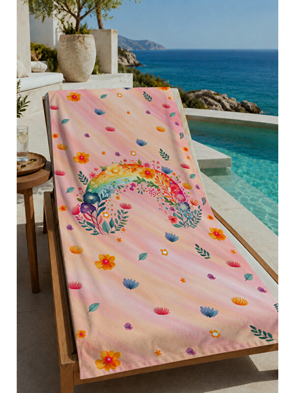 Milbay Grup Pastel Pembe ve Mini Motif Desenli 70x150 cm Dijital Baskılı Plaj ve Banyo Havlusu