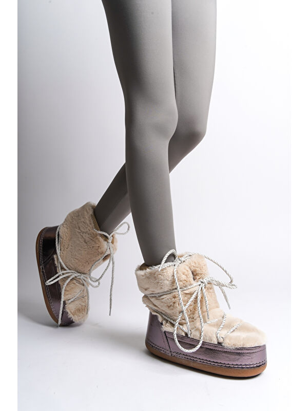 Yuvarlak Burunlu Kalın Tabanlı Kürklü Kadın Kar Botu - Görsel 13