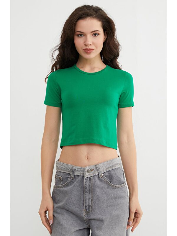 Fullamoda Basic Bisiklet Yaka Crop Tişört