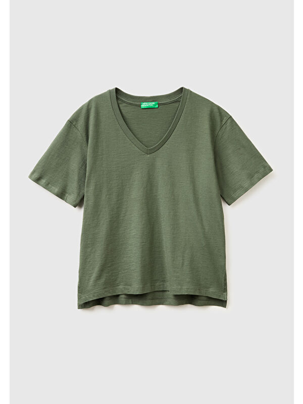 United Colors Of Benetton Kadın Haki %100 Pamuk Klasik V Yaka T-Shirt
