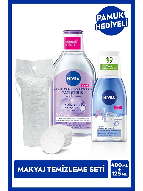 NIVEA Yatıştırıcı Micellar Makyaj Temizleme Suyu 400ml ve Göz Makyaj Temizleyici 125ml, Pamuk Hediye